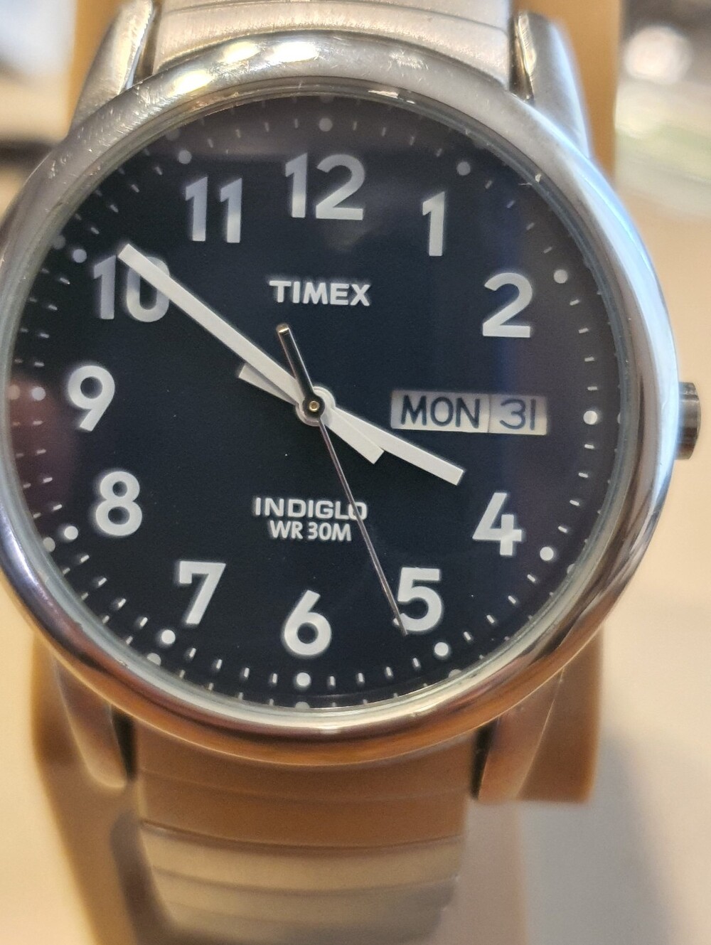Timex Indiglo T20031 Silver/Black Stainless Steel Men's Watch w/Day-Date